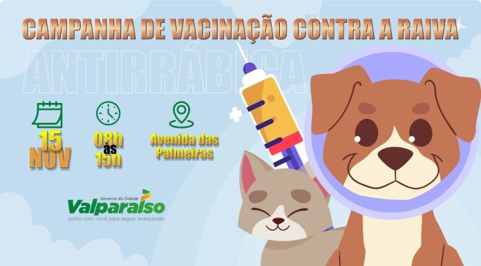 Quarta-feira (15) tem vacinação antirrábica canina e felina em Valparaíso